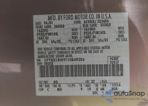 2001 Ford F-150 Lariat/Xl/Xlt z USA, uszkodzony, nr VIN 1FTRX18W91NB49304